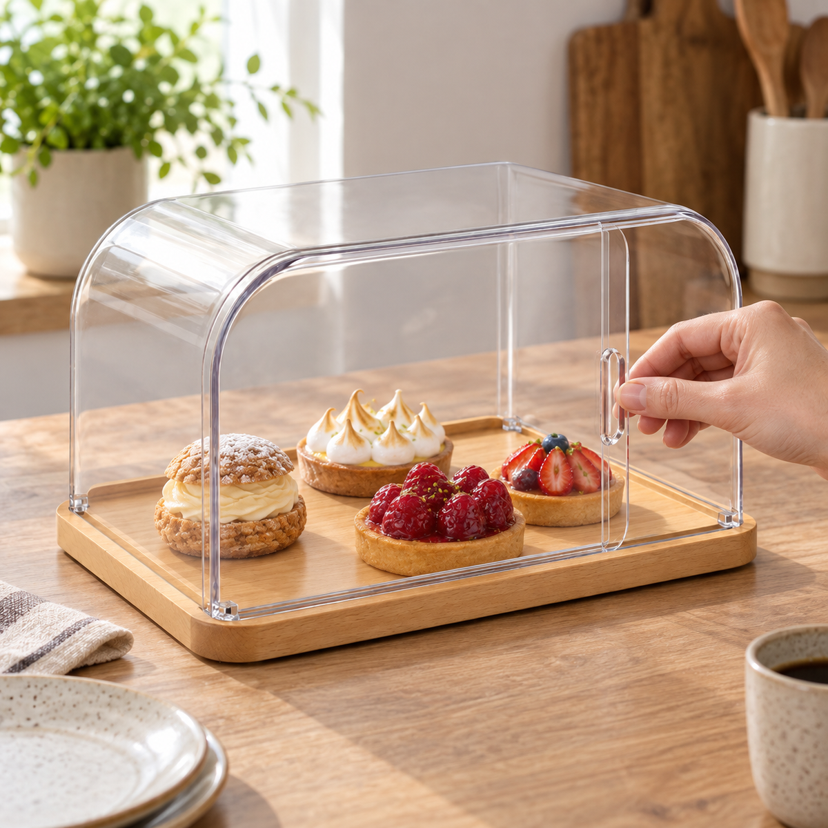 Cloche de présentation avec ouverture latérale coulissante
