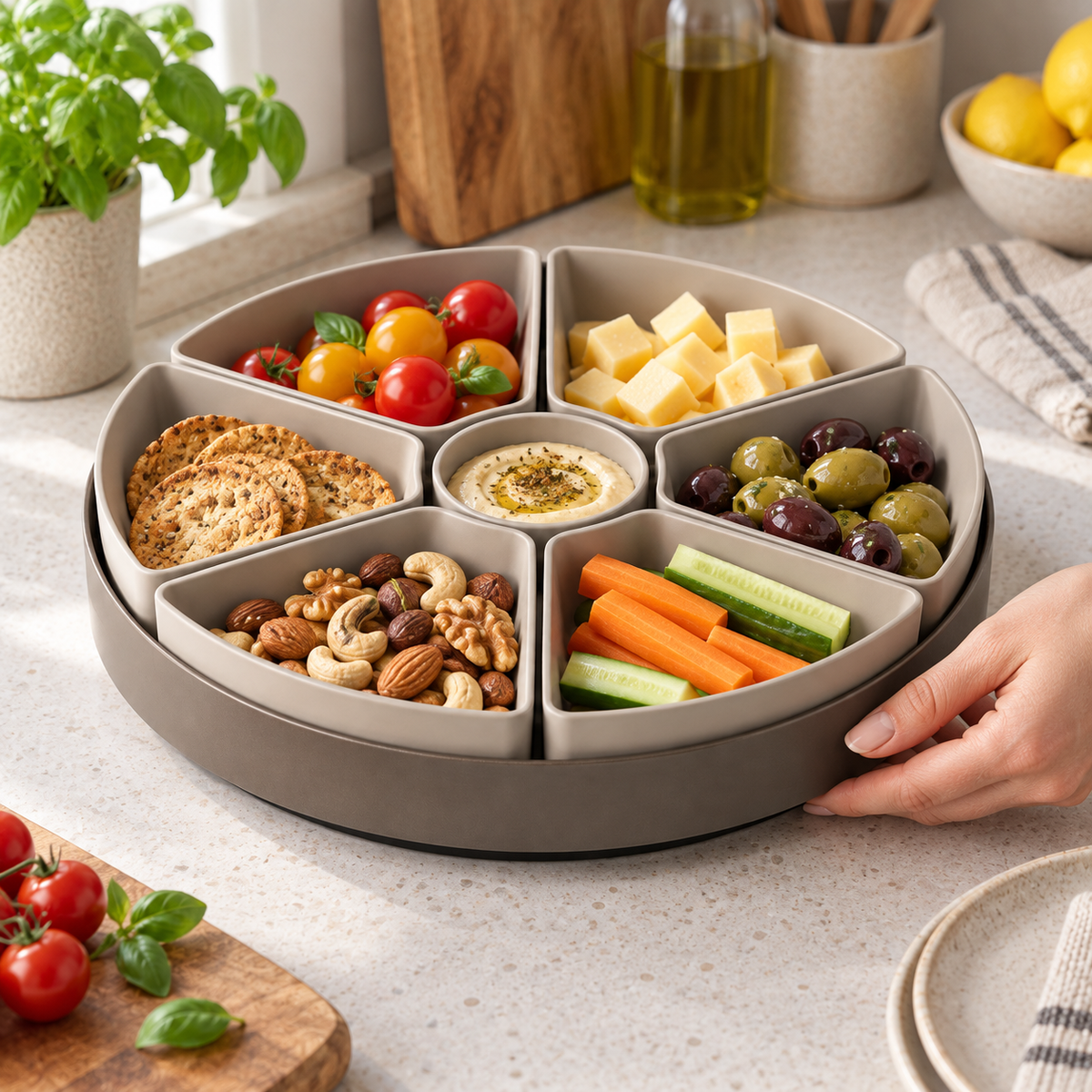 Plateau rotatif avec six compartiments amovibles