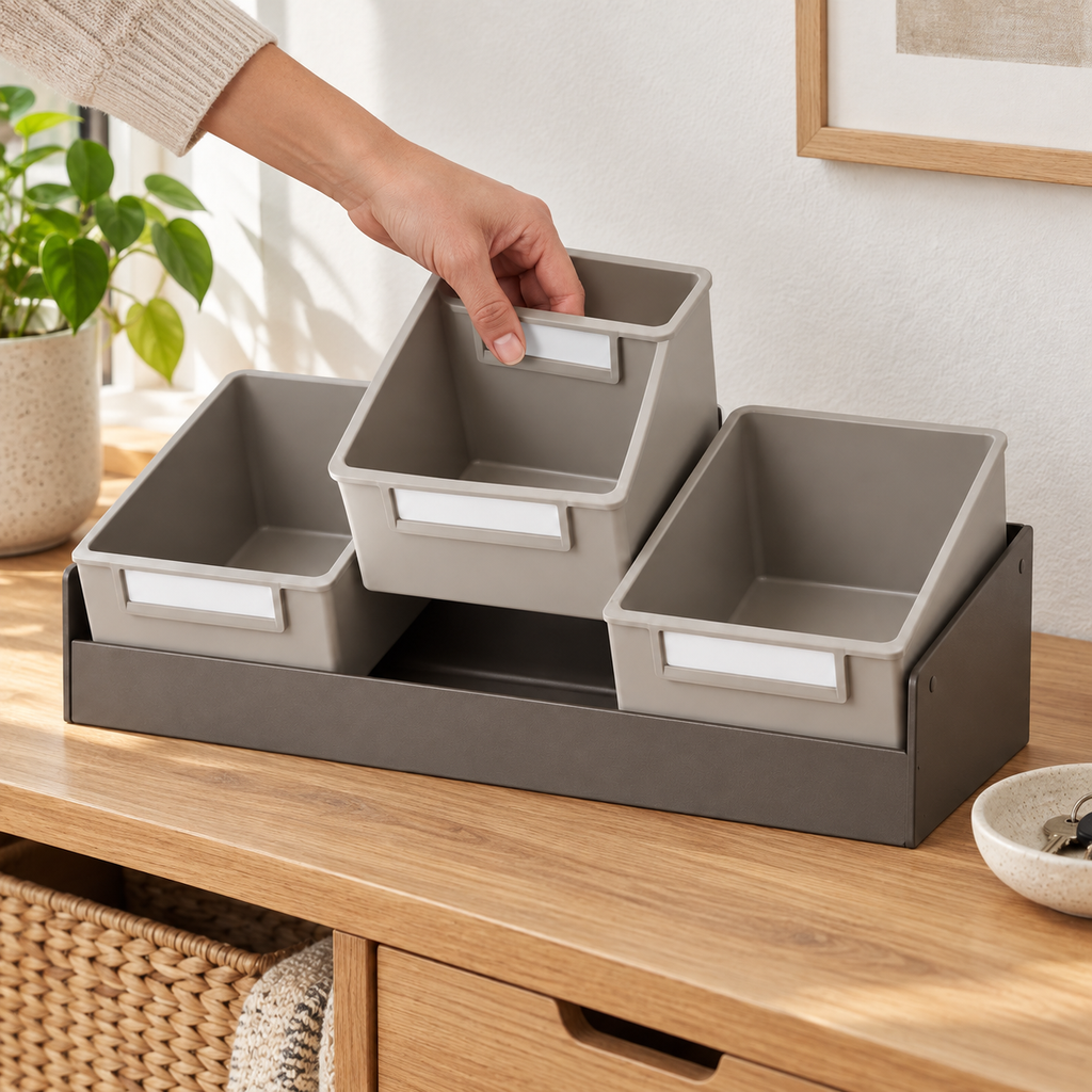 Boîte de rangement à trois compartiments inclinés