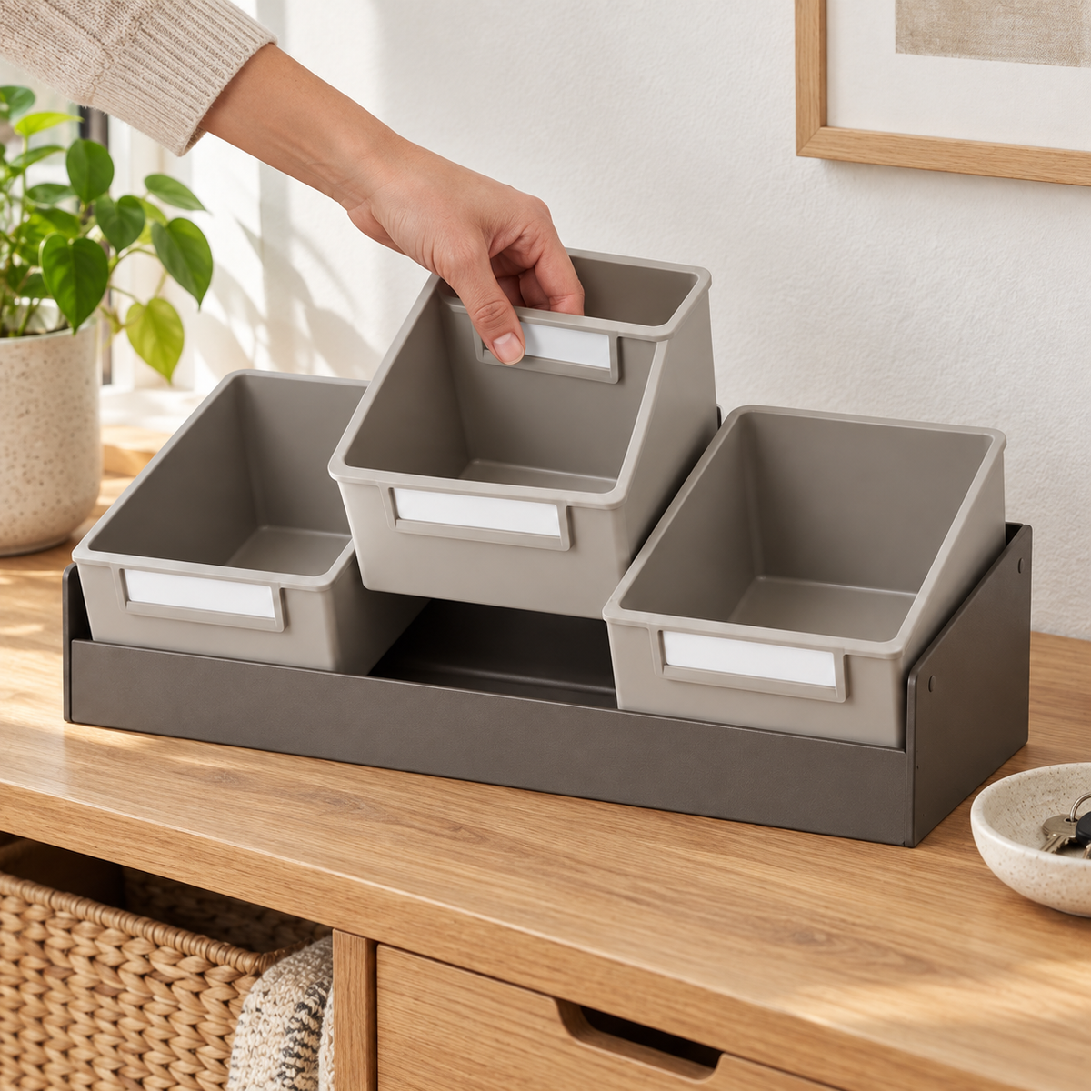 Boîte de rangement à trois compartiments inclinés