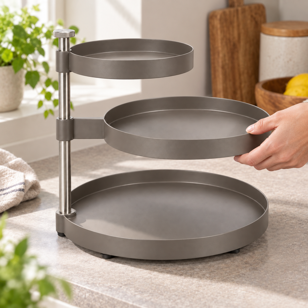 Présentoir modulable à trois plateaux orientables