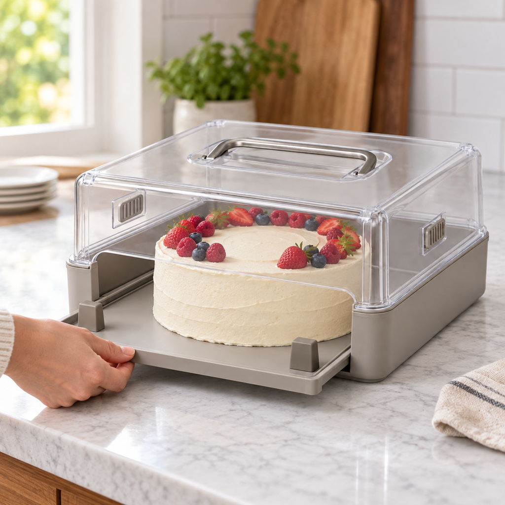 Boîte de transport pour pâtisserie avec plateau coulissant