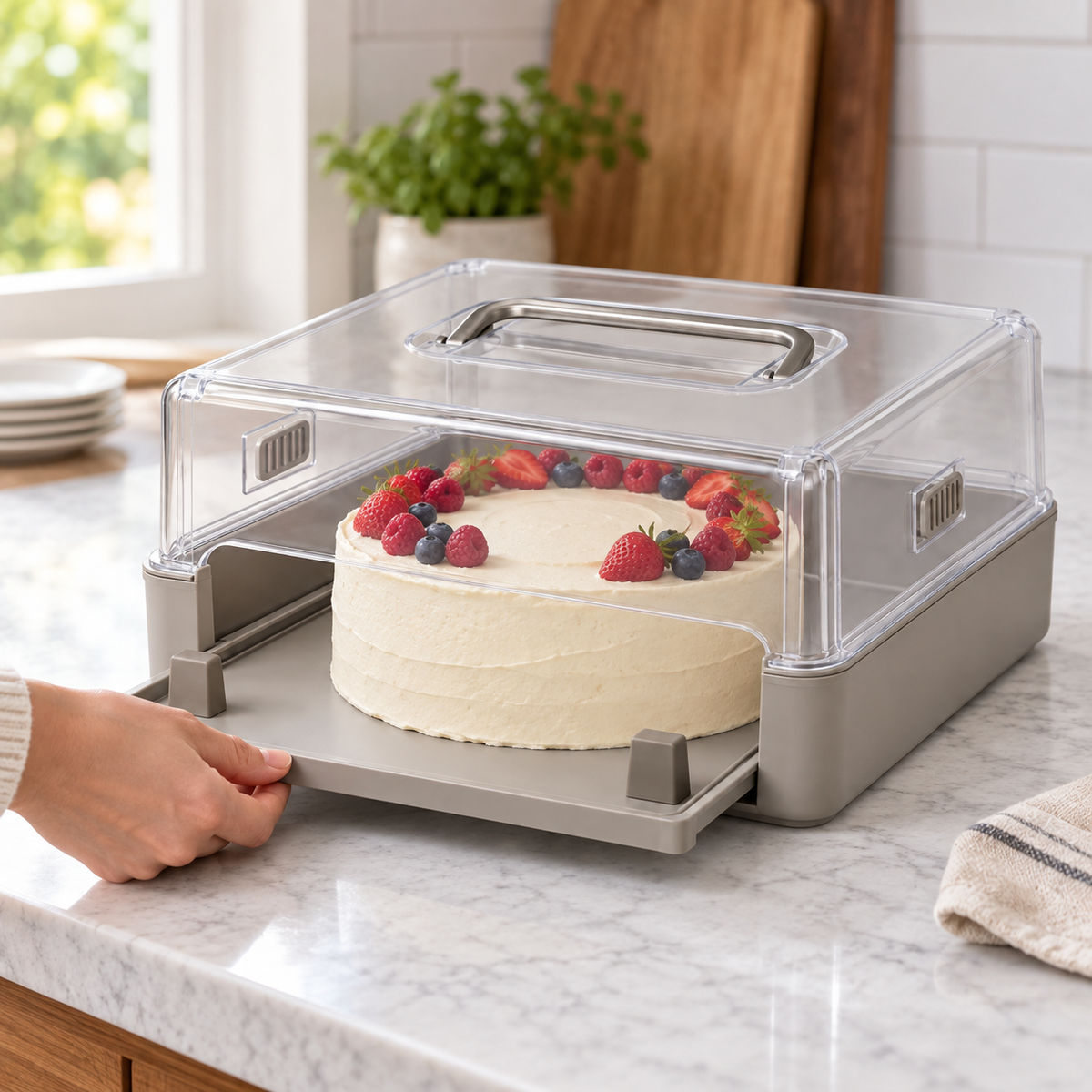 Boîte de transport pour pâtisserie avec plateau coulissant