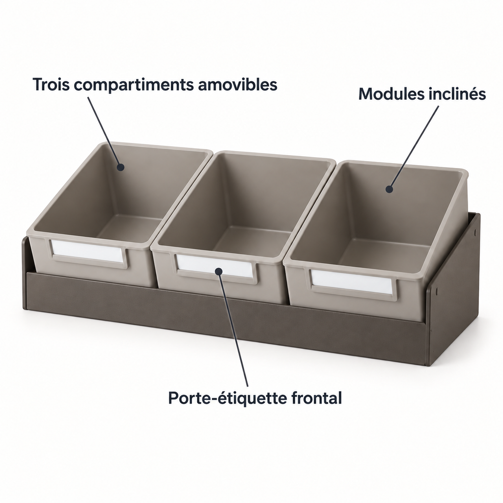 Boîte de rangement à trois compartiments inclinés