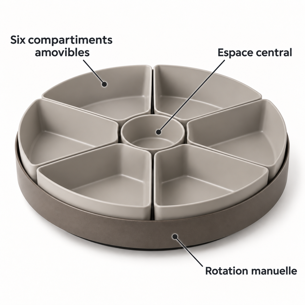 Plateau rotatif avec six compartiments amovibles
