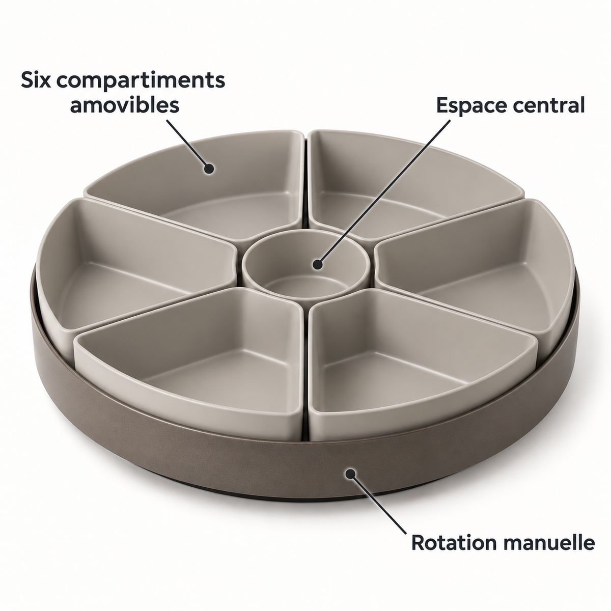 Plateau rotatif avec six compartiments amovibles