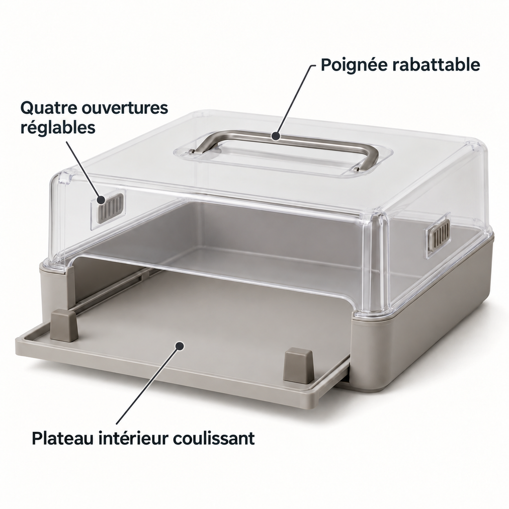 Boîte de transport pour pâtisserie avec plateau coulissant