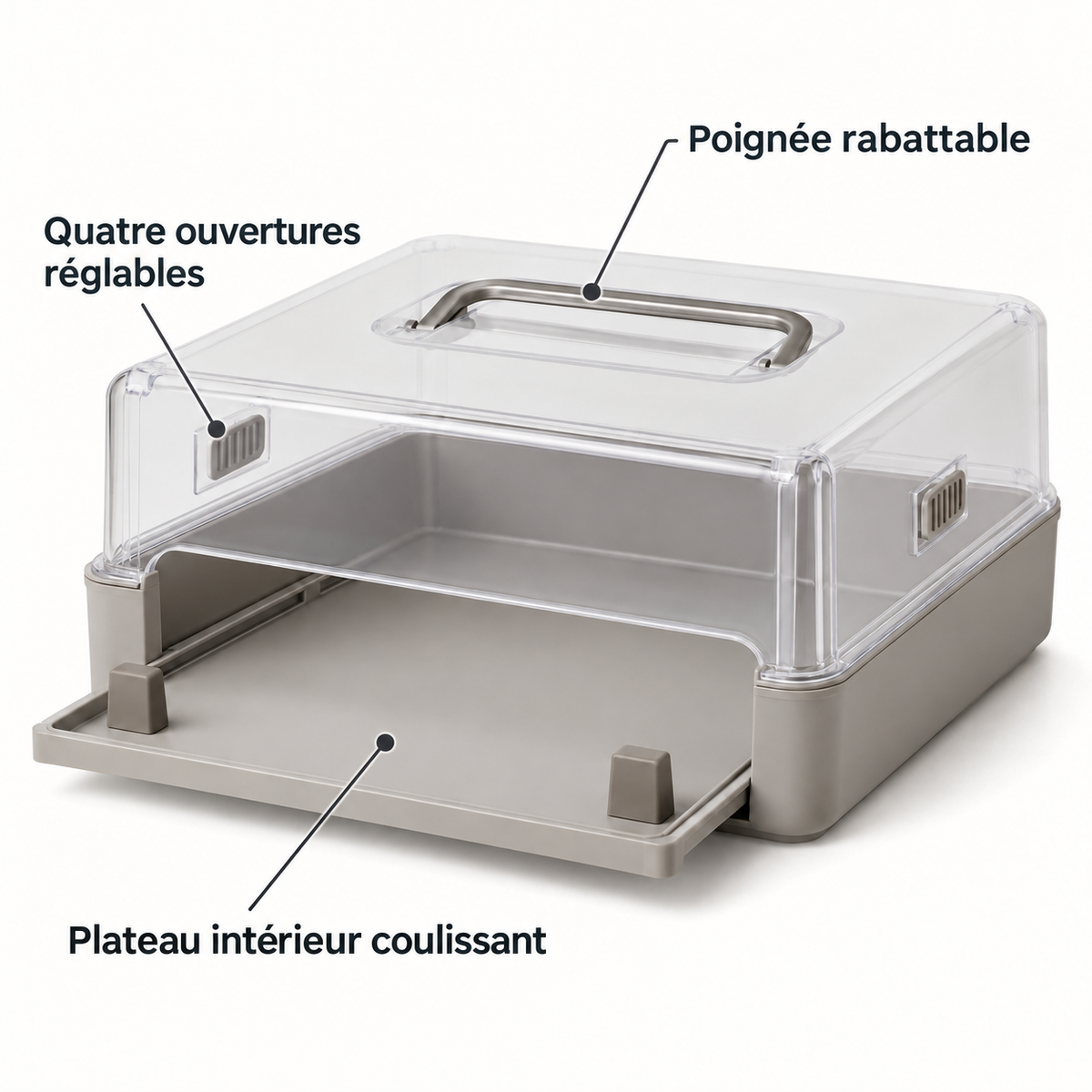 Boîte de transport pour pâtisserie avec plateau coulissant