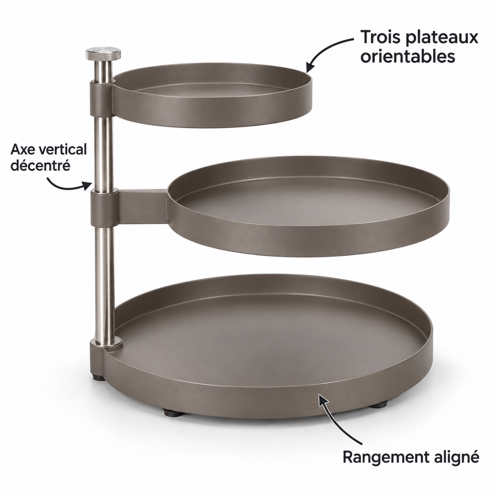 Présentoir modulable à trois plateaux orientables