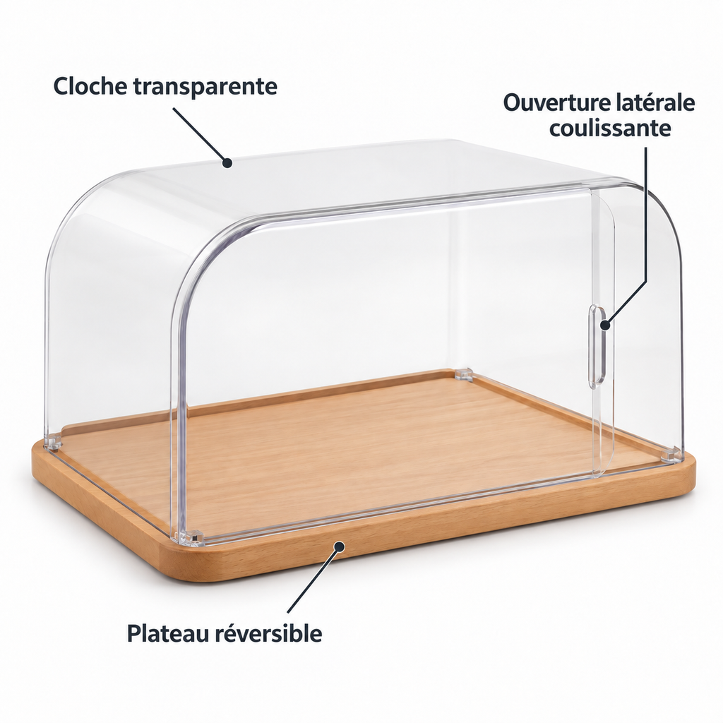 Cloche de présentation avec ouverture latérale coulissante
