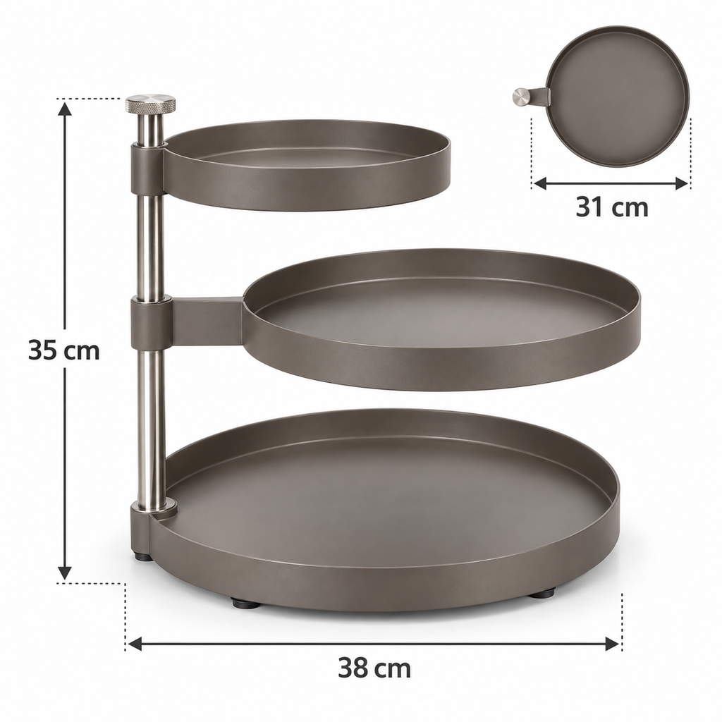 Présentoir modulable à trois plateaux orientables