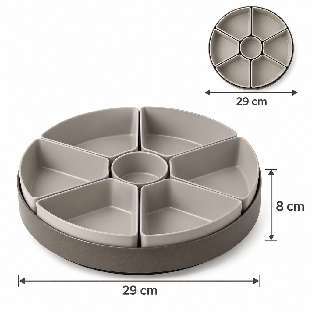 Plateau rotatif avec six compartiments amovibles