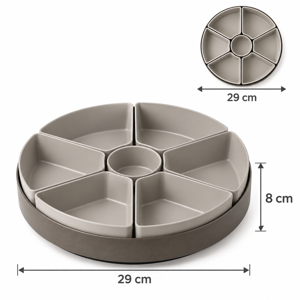 Plateau rotatif avec six compartiments amovibles